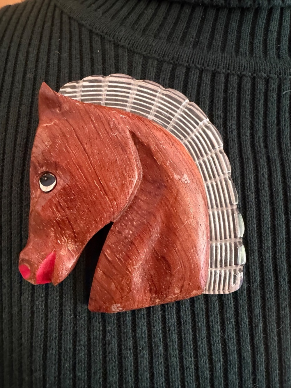 Vintage Carved Wood Horse Head with Lucite Mane Brooch